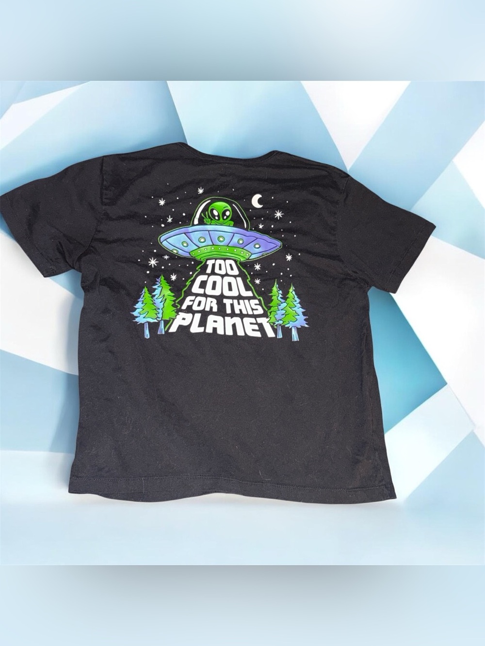 wonder nation Black Tee with Alien UFO Graphic and Green Accents